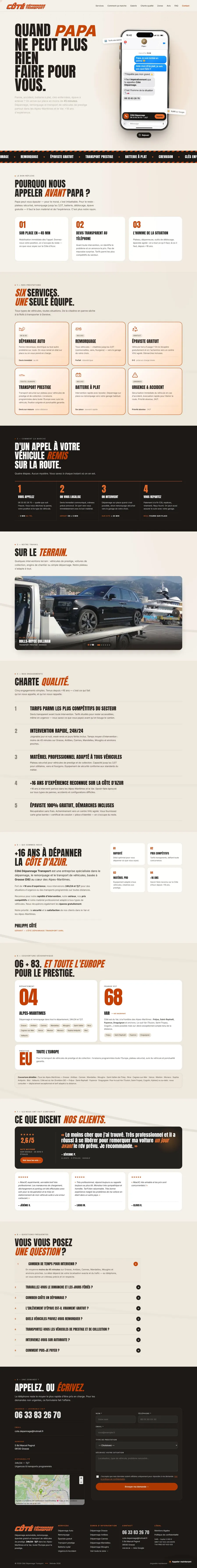 Aperçu du site Côté Dépannage Transport : défilement de la page d'accueil